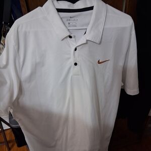 Nike Men's White Polo Shirt with Orange Logo